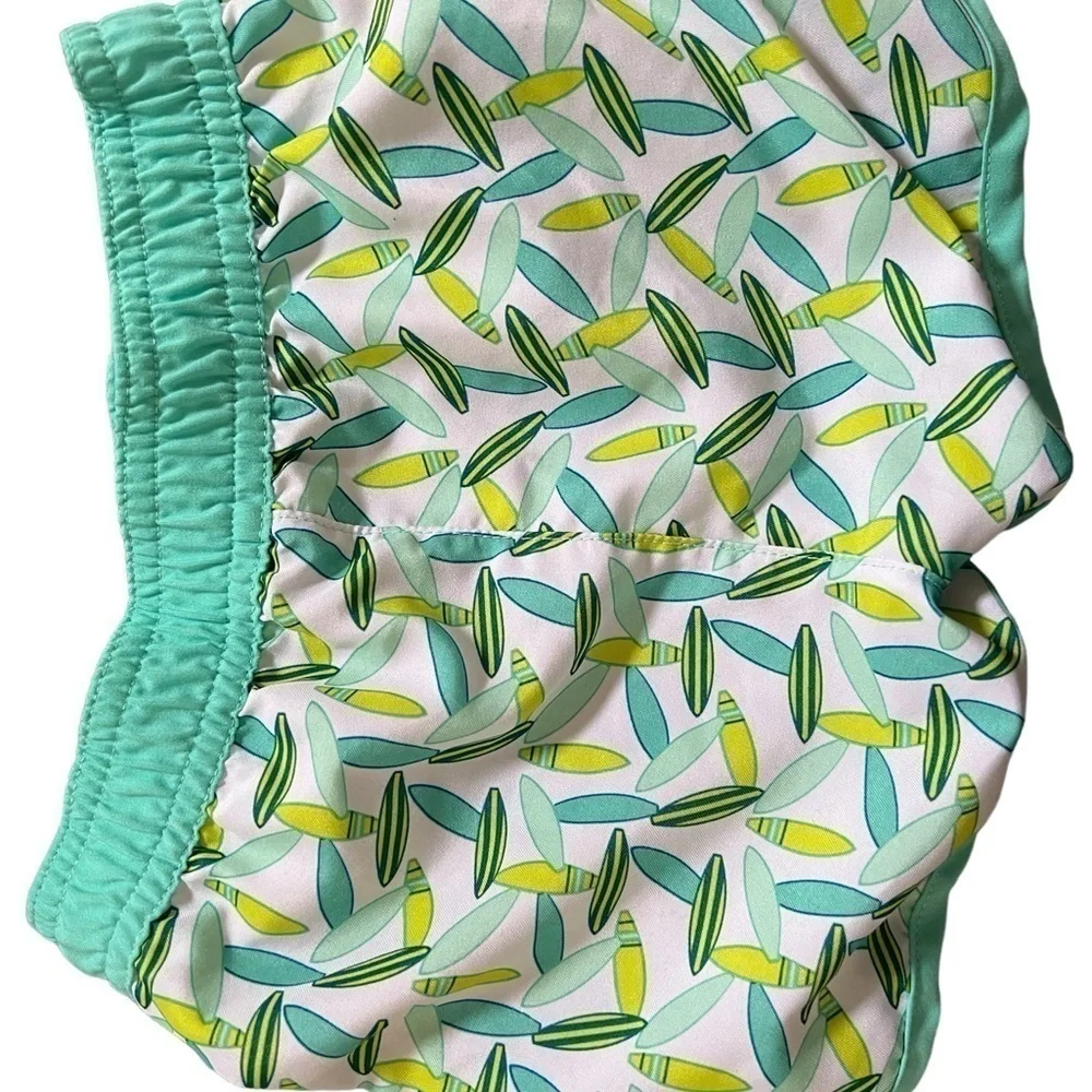 Baby 6-9 months swim trunks inner mesh liner white with blue teal green & yellow
